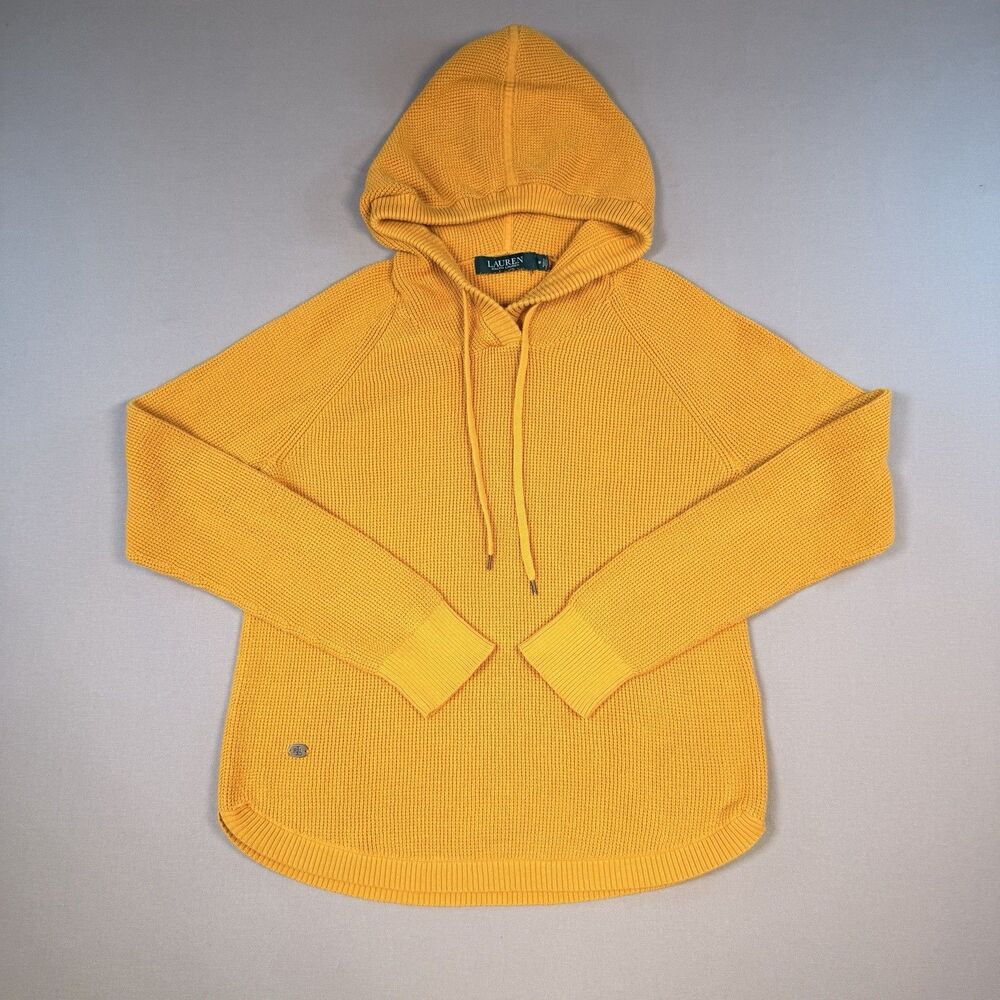 Lauren Ralph Lauren Sweater Women's M Hooded Waffle Light Knit Yellow Pullover